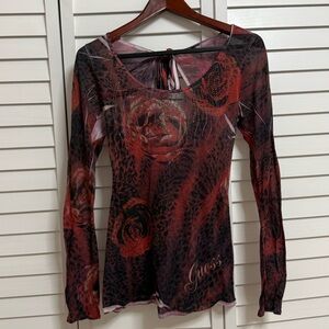 Guess Women's Red and Black Patterned Long Sleeve Top